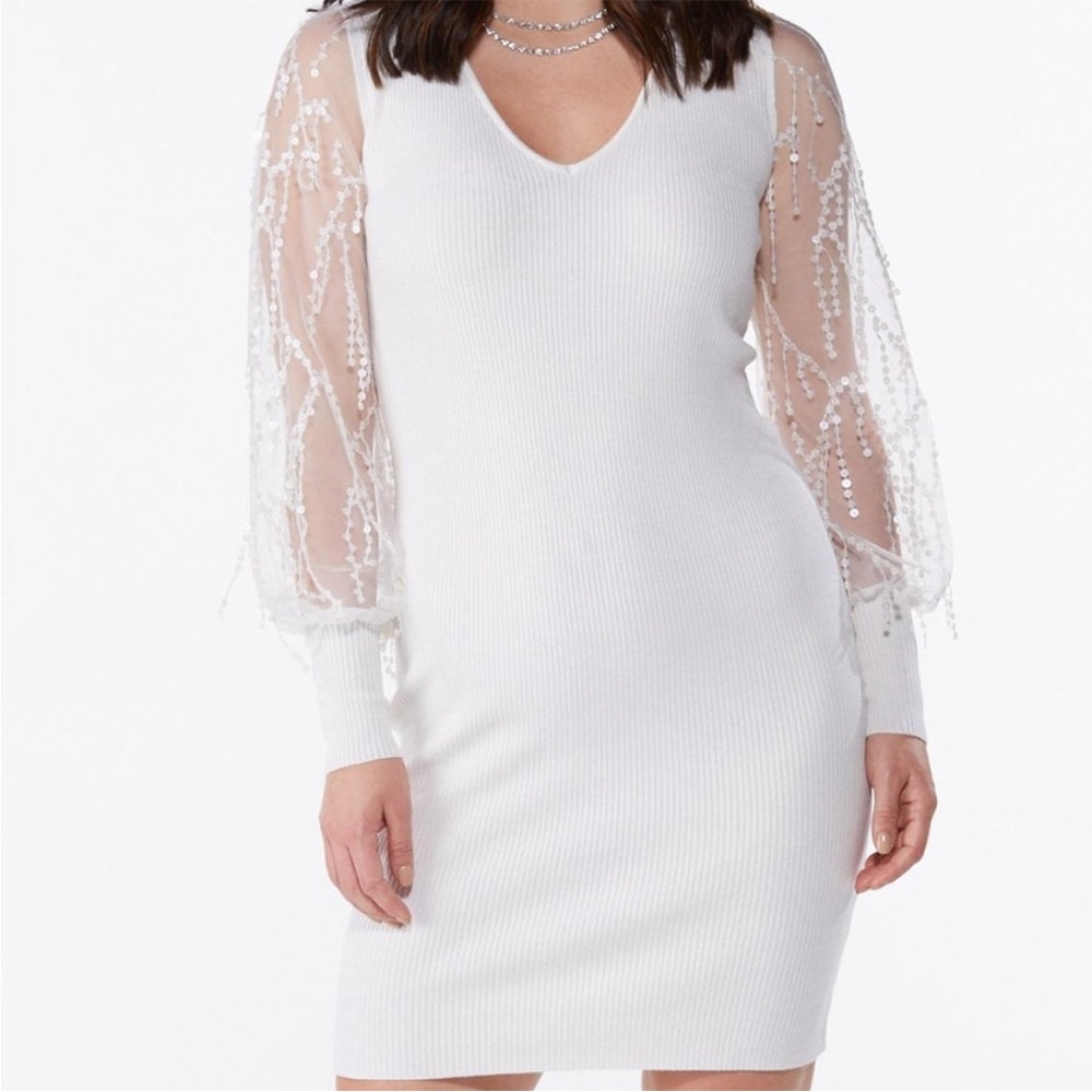 Cato Small White Knitted Dress with Long Mesh Sleeves and Dangly Sequins